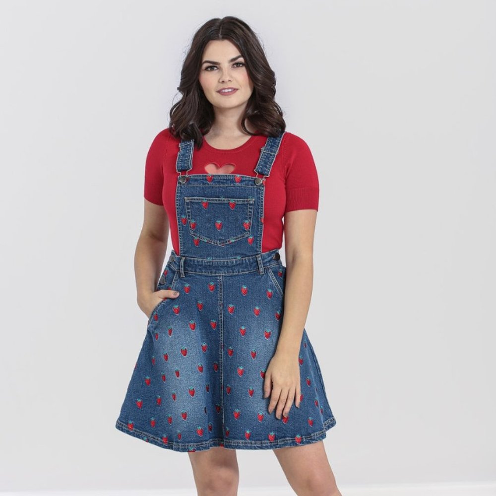 NWT Hell Bunny Strawberry Denim Pinafore Dress